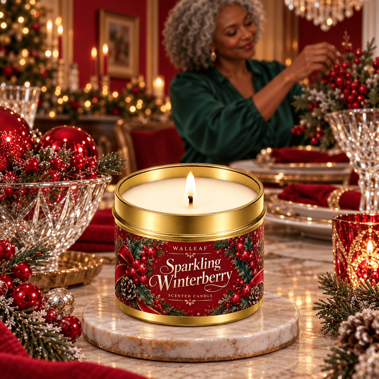 TEMU Bougie Parfumée de Noël, Parfum de Rouges d'Hiver avec de Pin et des Festifs et . La Boîte Ronde Dorée en Fer-Blanc est Associée à une Étiquette