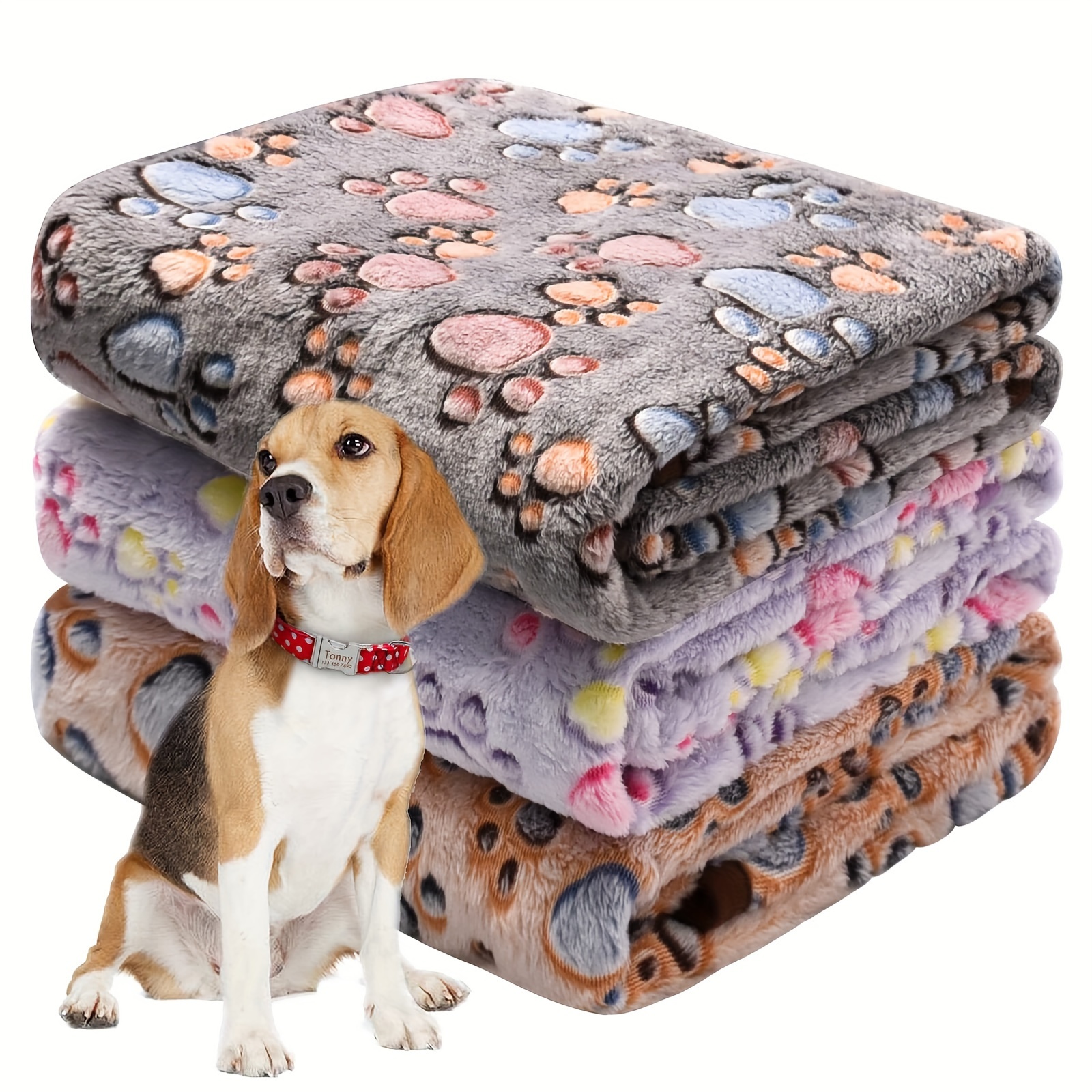 

3pcs Pet Blankets For Dogs And Cats, Coral Fleece And Flannel, With Paw Prints, Suitable For All Seasons