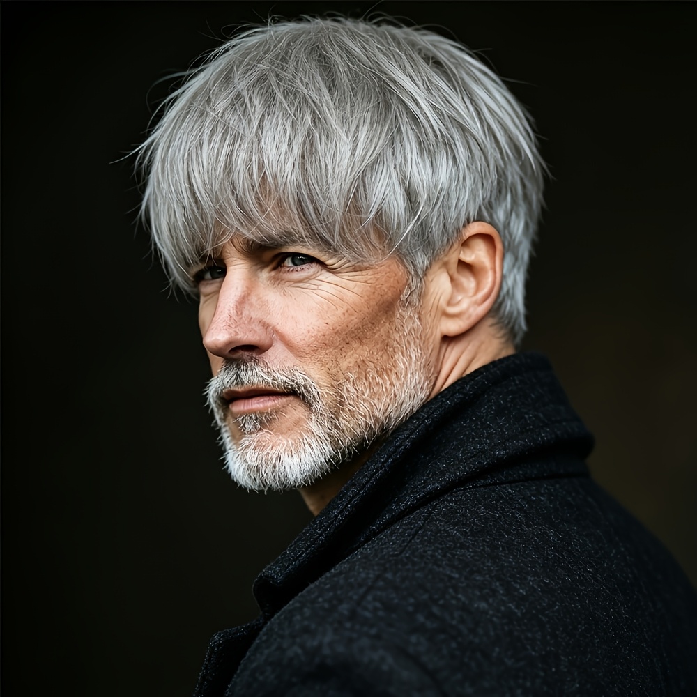 TEMU Perruque synthétique pour homme, coupe droite et courte, argenté texturé, avec frange, perruque argenté pour , complète, à , convient à toutes