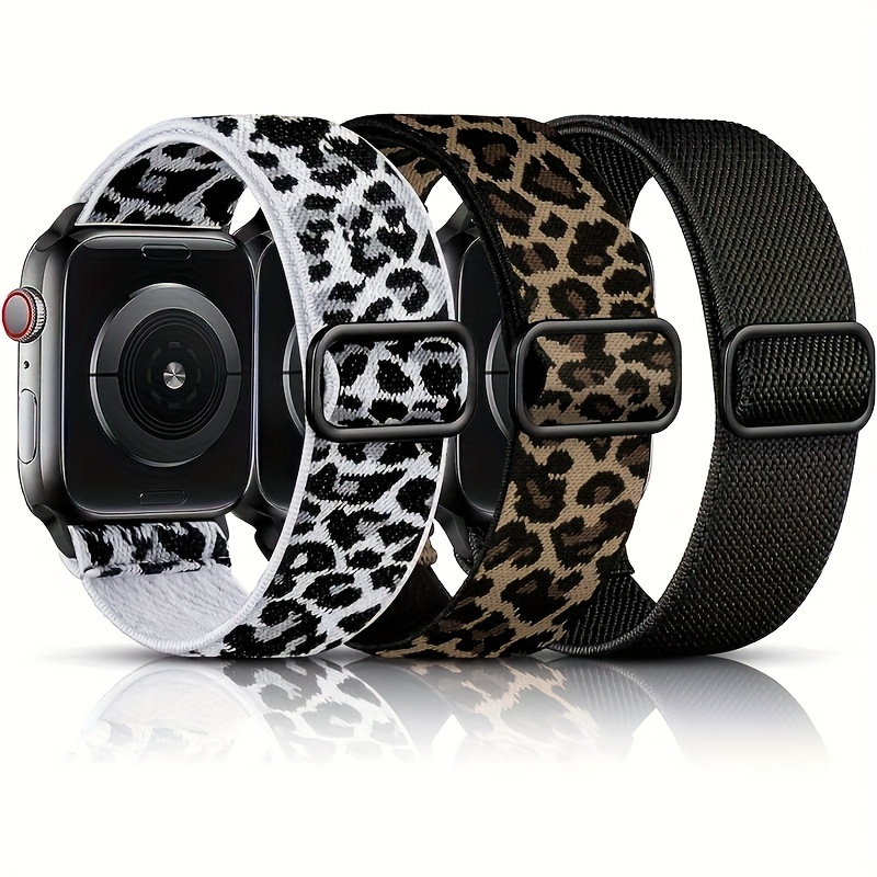 3 Packs Premium Nylon for Apple Watch Bands Adjustable, Elastic Single Loop Straps in Leopard & Solid Colors for Iwatch Series 8/7/6/5/4/3/2/1/SE, Durable & Comfortable Sport Watch Bands, Easy to Install, for Apple Watch Accessories