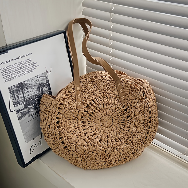 Summer Round Straw Women Vacation Woven Beach Shoulder Bag Large Capacity Simple Tote Bag