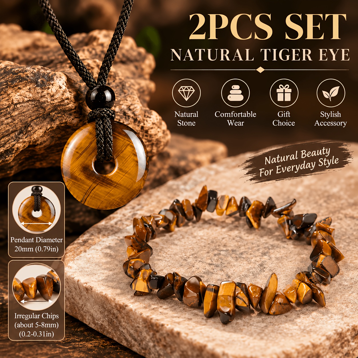2pcs Round Tiger Eye Jewelry Set for Men and Women