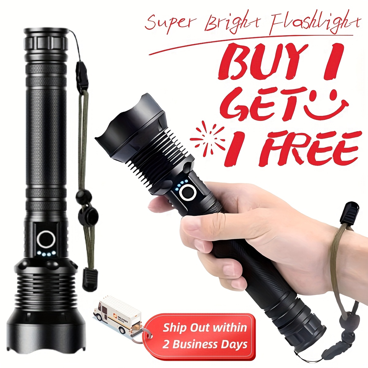 

Buy 1 Get 1 Free -2 Pack P70 High Flashlight, Rechargeable Led Flashlights With 5 And Upgraded Large Capacity Batteries, Powerful Handheld Torch For Home And Camping Use, Valentine's Day Gifts For Men