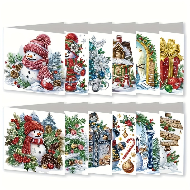 

Diy Diamond Painting Crafts - 12pcs Christmas Series Theme Mosaic Colorful Diamond Painting Greeting Card Kit, Suitable For Holiday , Expressing Feelings And