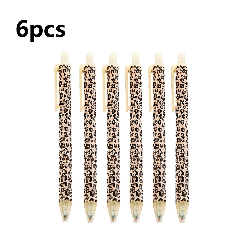 Image of 6pcs Leopard Print Retractable Ballpoint Pen Set – Stylish 1.0mm Smooth Writing Office Stationery, Black Ink, No Cap, Multi-colored , Gift For Women And Men