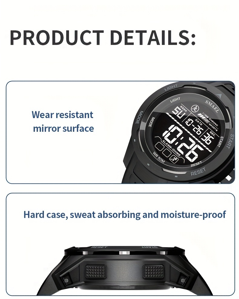 mens watch led luminous outdoor sports 50m waterproof   military digital watch shockproof alarm clock details 5