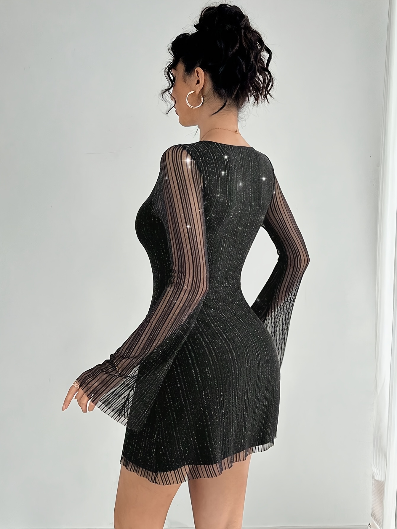 badgley mischka black lace dress Black Floral Flute Sleeve Bella Mini Dress main image 1