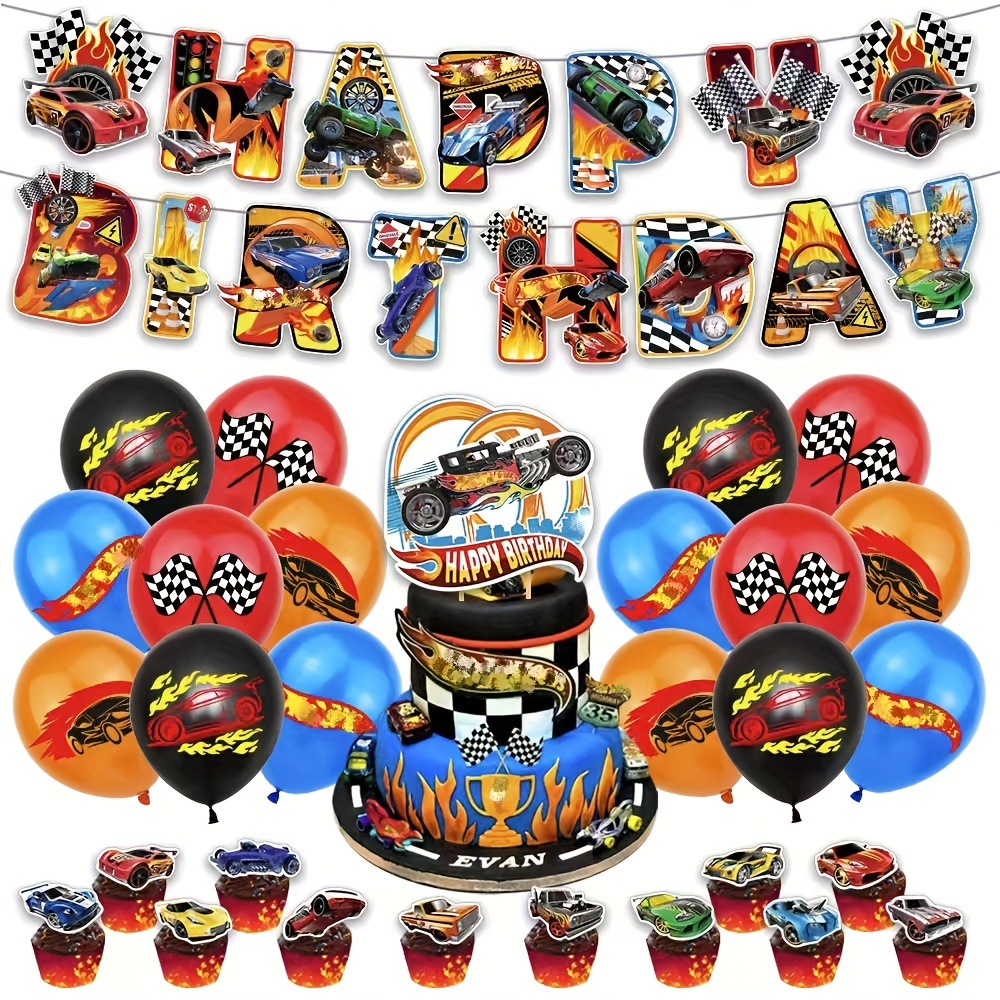 

Race Car Champion Birthday Party Kit - Indoor/outdoor Celebration With Banner, 16 Balloons & Cake Toppers