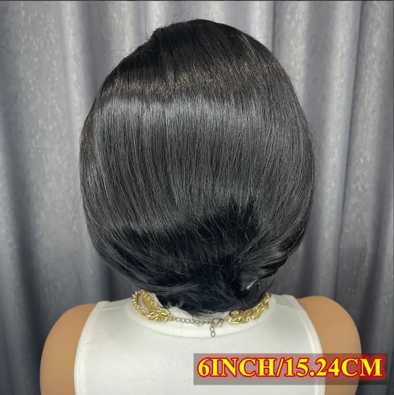 chic cut human hair wig for women 6 inch short bob with t part lace frontal 180 density glueless side part bangs straight style 13x4x1 lace area african american women details 5