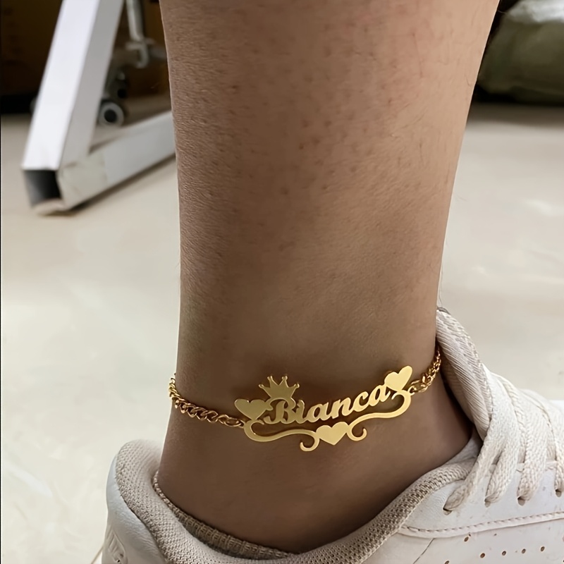TEMU Custom Name Anklet Elegant Golden Stainless Steel Personalized Cuban Chain With Heart Charms Boho/ Ideal Gift For Women Suitable For Casual