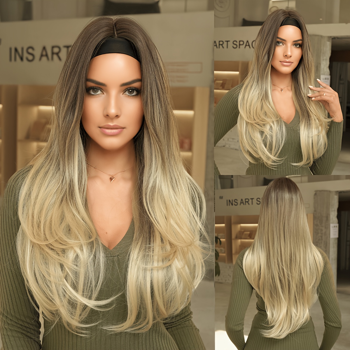 TEMU Long Wavy Brown Headband Wig With Women's Tail Dyeing Blonde Heat Resistant Fiber Hairpiece, Synthetic Full Machine Hair Wigs - Party Wear,