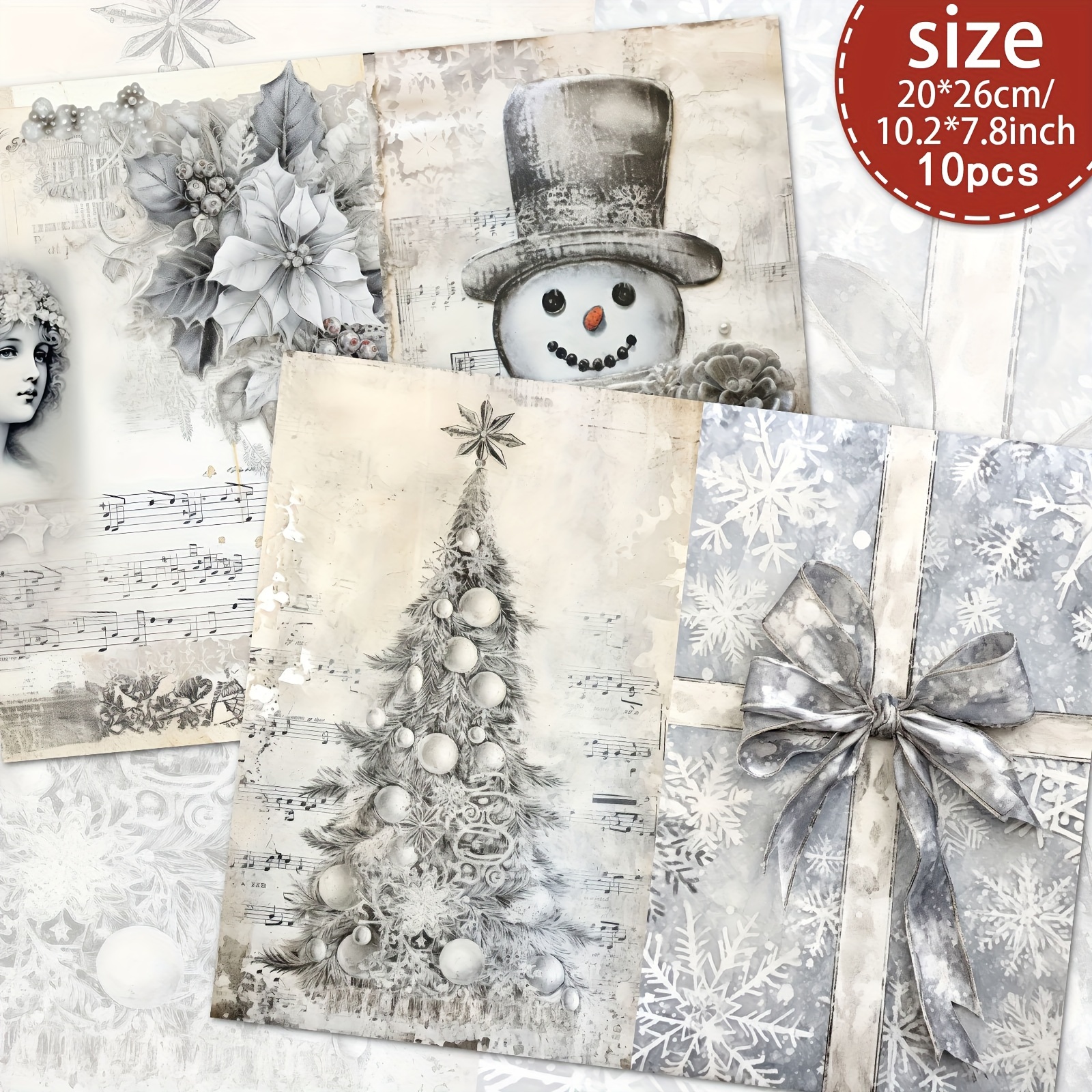 TEMU 10 Sheets A4 Vintage-inspired Christmas Scrapbooking Paper Set, Handcrafted Junk Journal And Decorative Craft Paper, Craft Supplies Scrapbooking