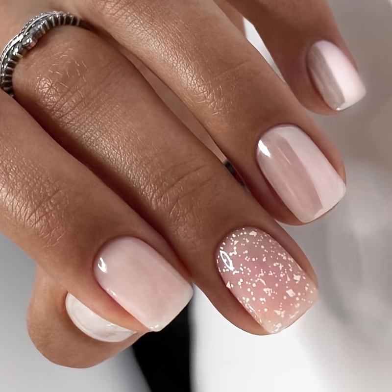 

24 pièces de faux ongles courts carrés, rose clair mignon avec accent de poudre argentée scintillante, kit de manucure adhésive amovible avec colle en gelée et lime à ongles