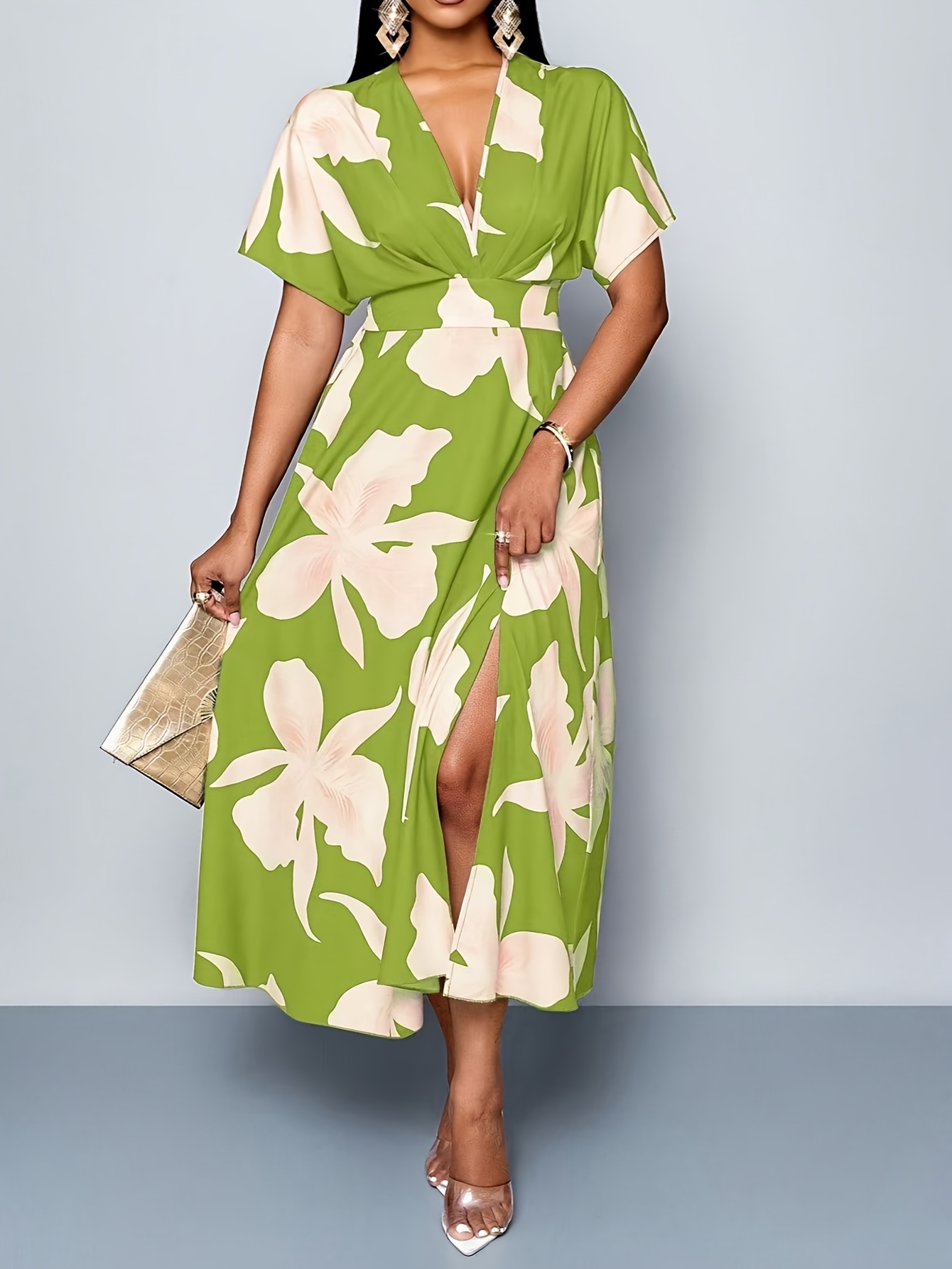 elegant womens printed v neck batwing sleeve slit dress temu - Temu
