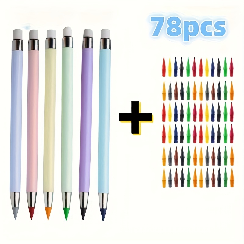 TEMU 6 Pens + 72 Colored Leads, Self-sharpening Pencils, Eternal Pencils, Hb Pencils, Suitable For Professional Drawing