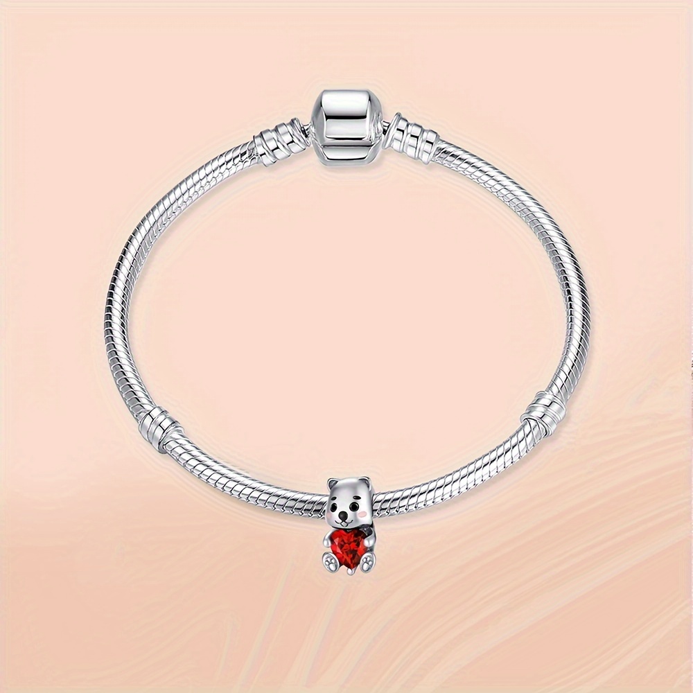 Baby Bear Red Heart Stone Charm 925 Sterling Silver Pendant