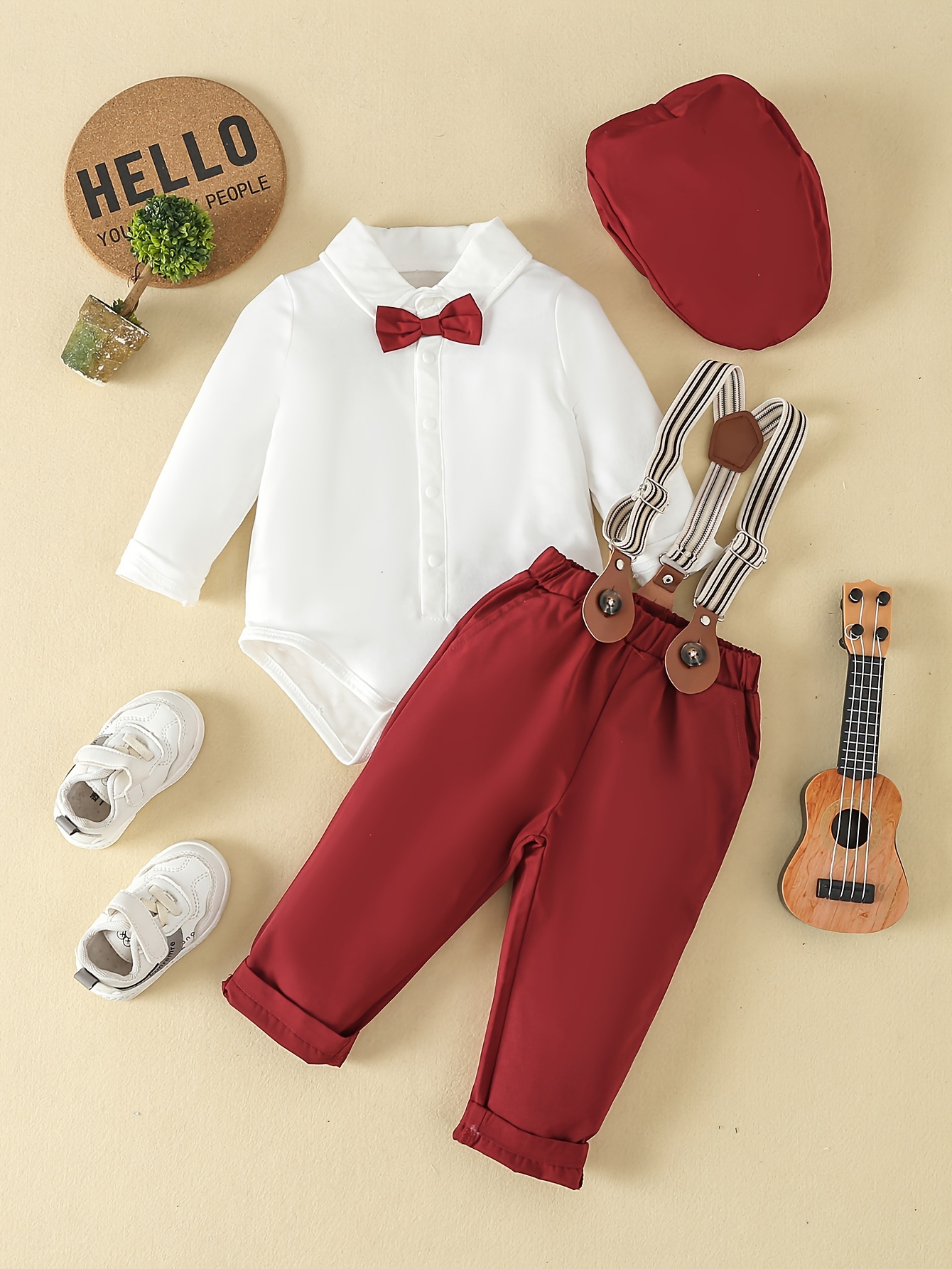 4pcs Baby Boy Spring/Autumn Gentleman Suit Set with Long Sleeve Bodysuit,  Bow Tie Trousers Top Hat Suspenders for Birthdays, Parties, Performanc