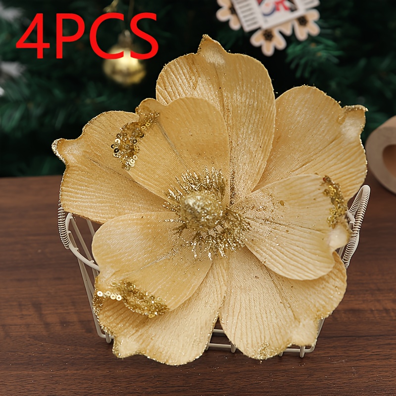 TEMU 4pcs Glitter Christmas Artificial Flowers Artificial Christmas Tree Flower Ornament For Xmas Tree New Year Party Wedding Ornaments