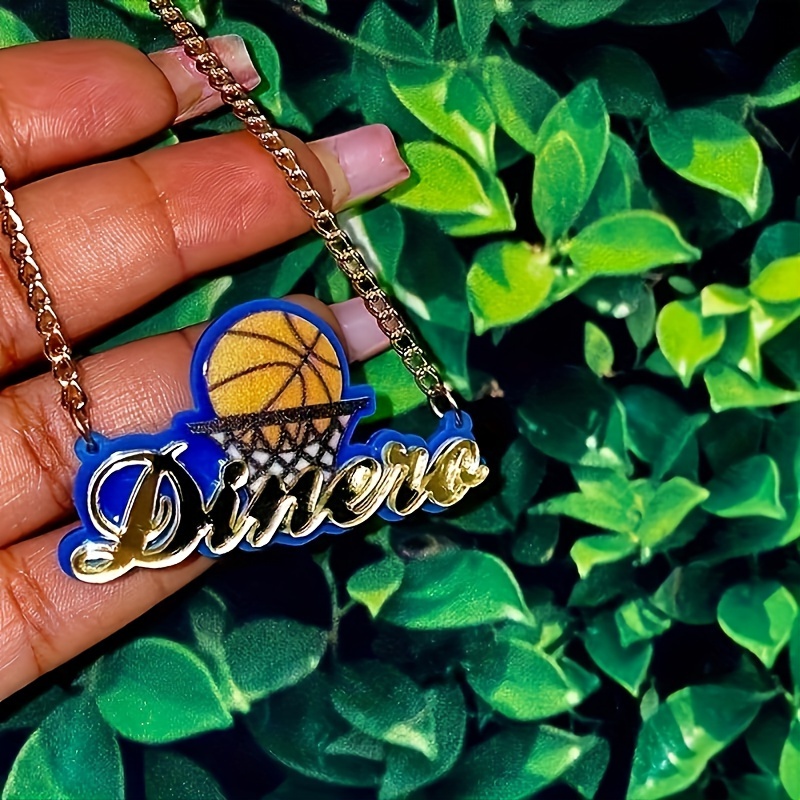 

Custom Acrylic Name Necklace With Basketball Design - Sapphire Blue, Double-layered Pendant & Engraved Plate - Birthdays & Holidays