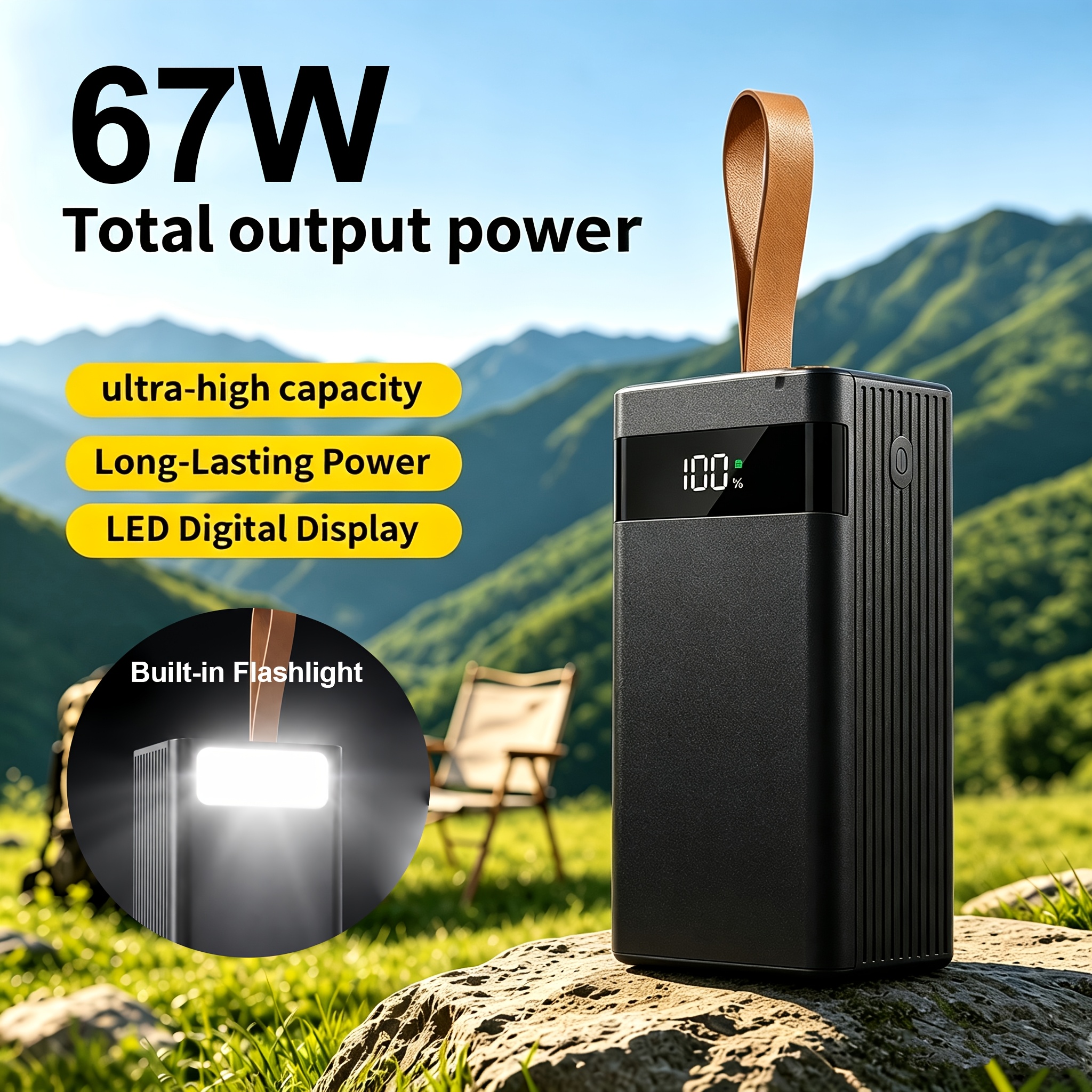 Image of Outdoor Camping Emergency Power Supply, 100000mah Large Capacity Power Bank With 67w Fast Charging, Multi Usb & Type-c Ports, Led Display, Lanyard, Portable