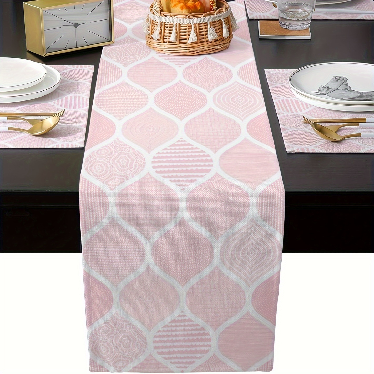 

Elegant Moroccan Pink Linen Table Runner - Geometric Bohemian Design, Perfect For Dining & Living Room Decor, Available In Multiple Sizes (13x48/72/108 Inches)