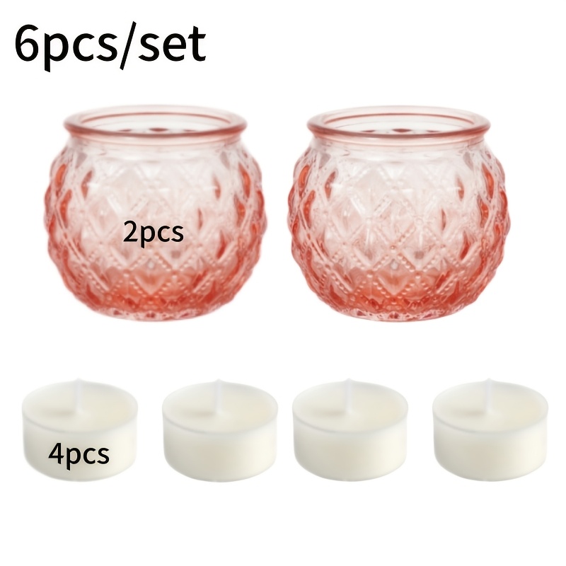 Image of A Set Of 6 Glass Candle Holders, Including Diamond-shaped Glass Candle Holders And 4 Candles. Suitable For Personal Homemade Tabletop Candle Holders, Weddings, Outdoor Activities And Party Decorations