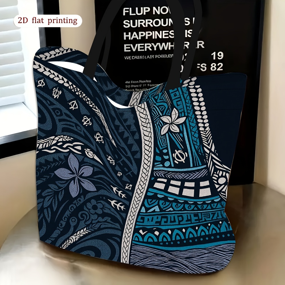 TEMU 1pc, 2d Flat Printing [printed Design - Not Textured] Women's Shoulder Bag, Blue Floral Pattern Themed Women's Shoulder Bag, For Daily Use,