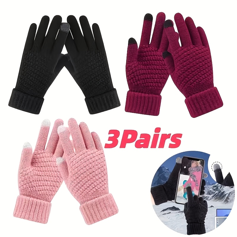 TEMU 3 paires de gants d'hiver thermiques pour femme à doigts séparés pour écran tactile avec poignets élastiques et chauds, adaptés à l'utilisation