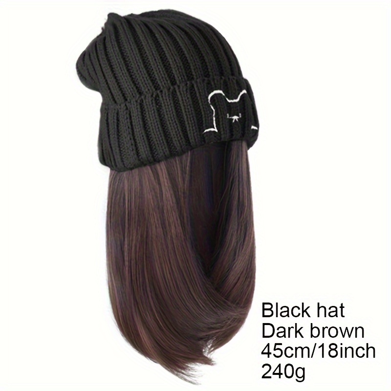 TEMU Women' Knitted Hat Wig Autumn Winter Party Accessory - Fiber Synthetic Straight Hair Wig   Net, 100% Density, Suitable For All - Christmas Party