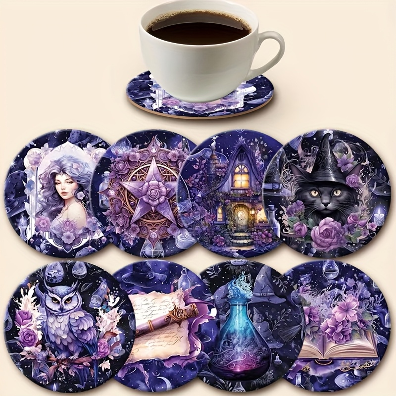 TEMU 8pcs Set Of Magic Coasters - , Potions, And Spell Patterns, Mysterious Purple Coasters, Suitable For Altars And Decor, Halloween Decorations,