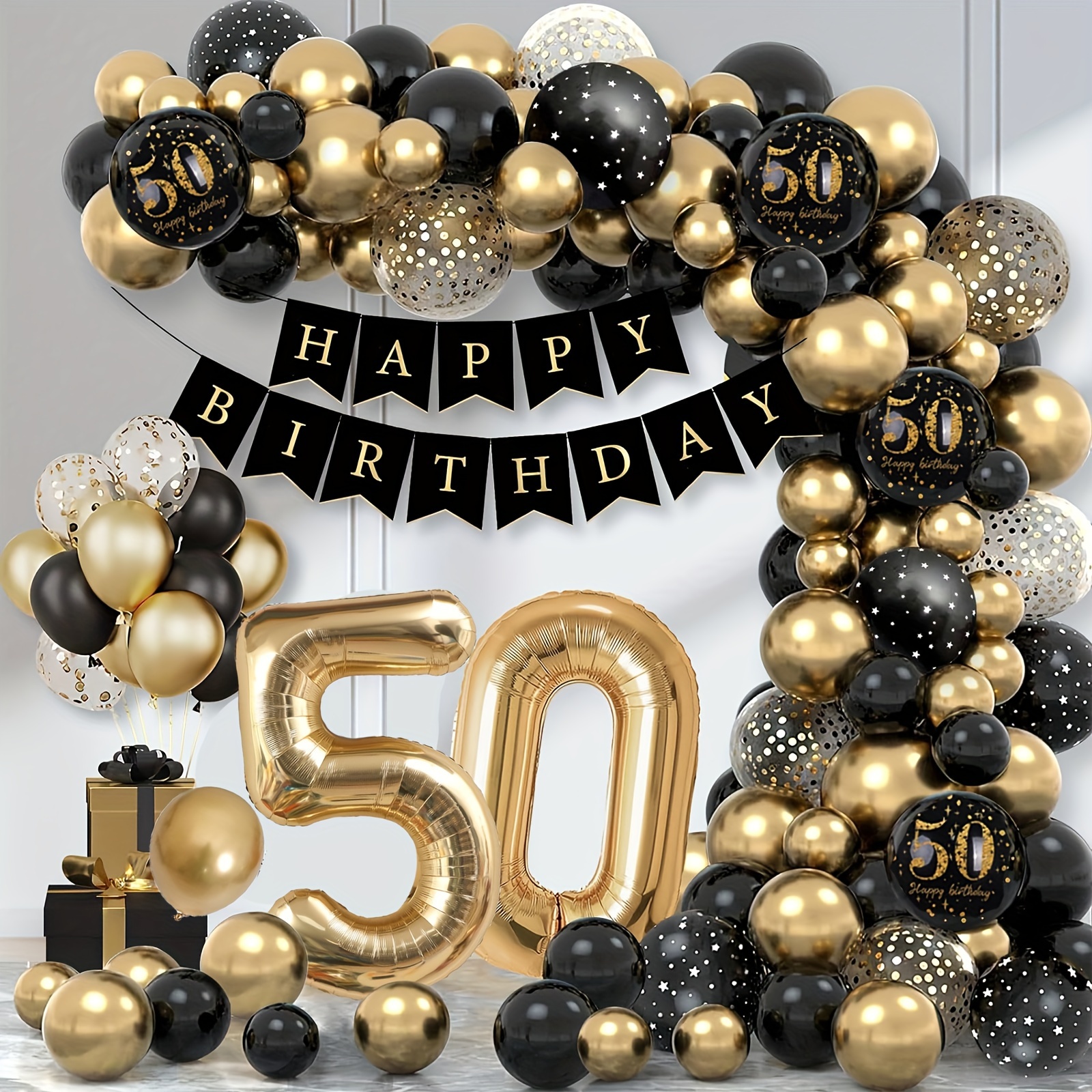 50th birthday party decoration elegant black   garland with happy birthday banner golden 50 balloons and sparkling accessories for a luxurious celebration birthday party decorations