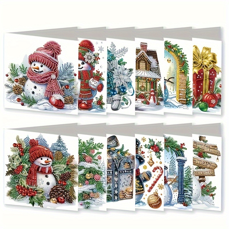 

12pcs Christmas Diamond Painting Set - Snowman And Theme Greeting , And Wishes, Marksai , Irregular Diamonds, Materials, And Supplies, Suitable For Elderly, Relatives, Diy