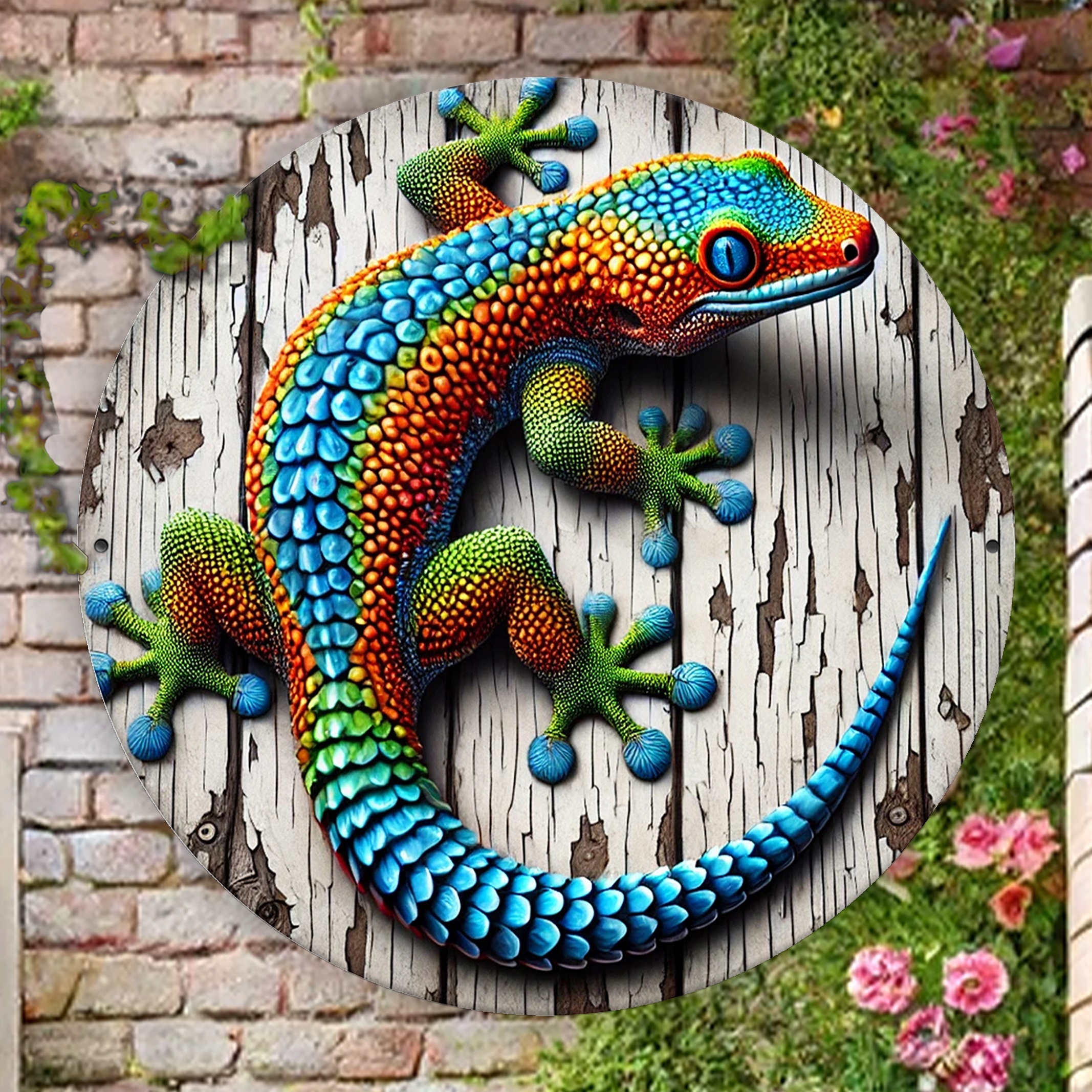 

8-inch Round Aluminum Lizard Wall Art With 3d Design - Waterproof & Weather-resistant, High-definition Print For Home And Coffee Shop Decor