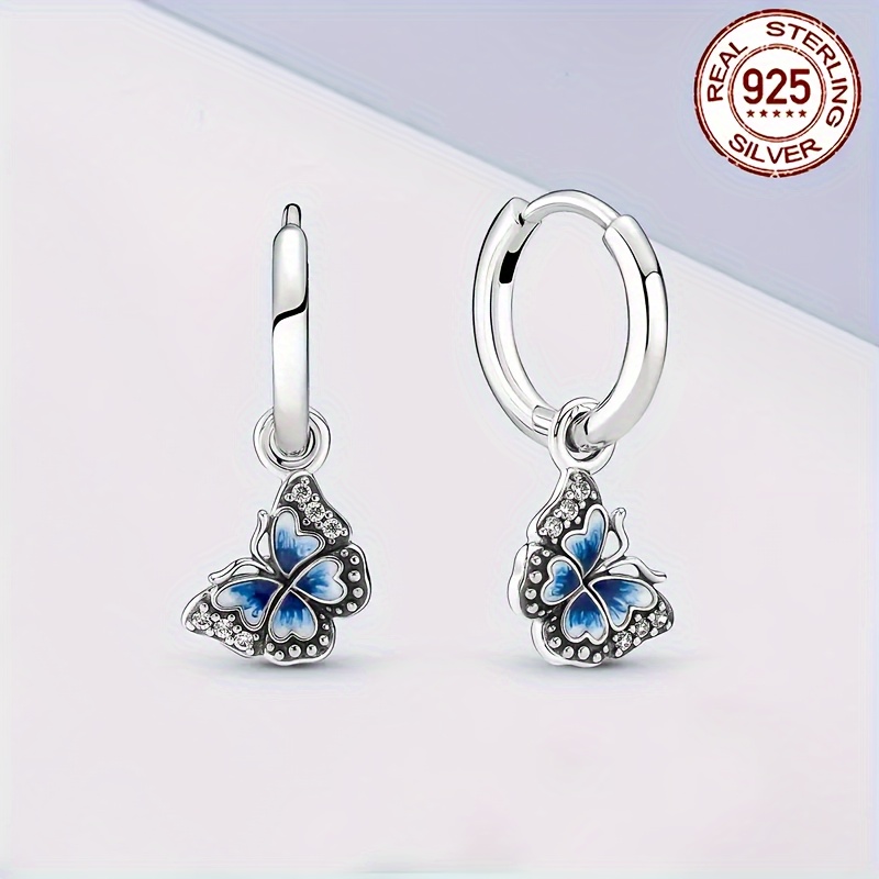 

925 Sterling Silver Exquisite Enamel Butterfly Dangle Earrings - Hypoallergenic, Shiny Rhinestone Inlaid, Elegant Style, Simple And Vintage Design, Perfect For Daily Wear And Gift-giving Occasions