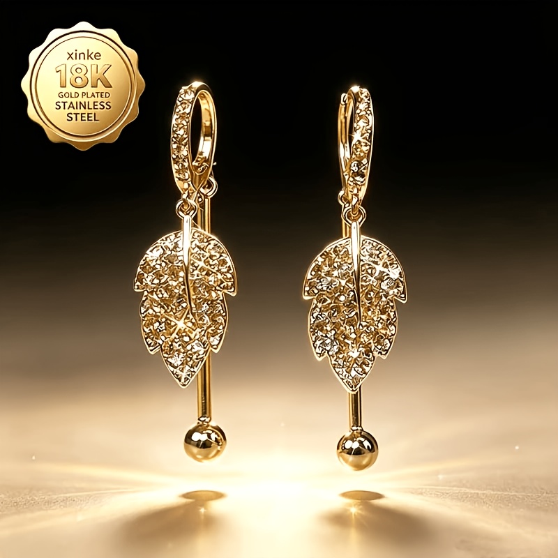 TEMU Boucles d'oreilles cerceaux étincelantes, plaquées or , en acier inoxydable hypoallergénique 316L, motif feuille d'érable, longueur asymétrique,