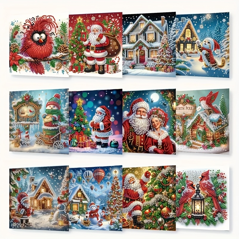 TEMU 12 pièces Kit de Cartes DIY Peinture Diamant - Maison de Noël, Père Noël & de Neige avec Strass Ronds et Irréguliers, Cartes de Vœux Artisanales