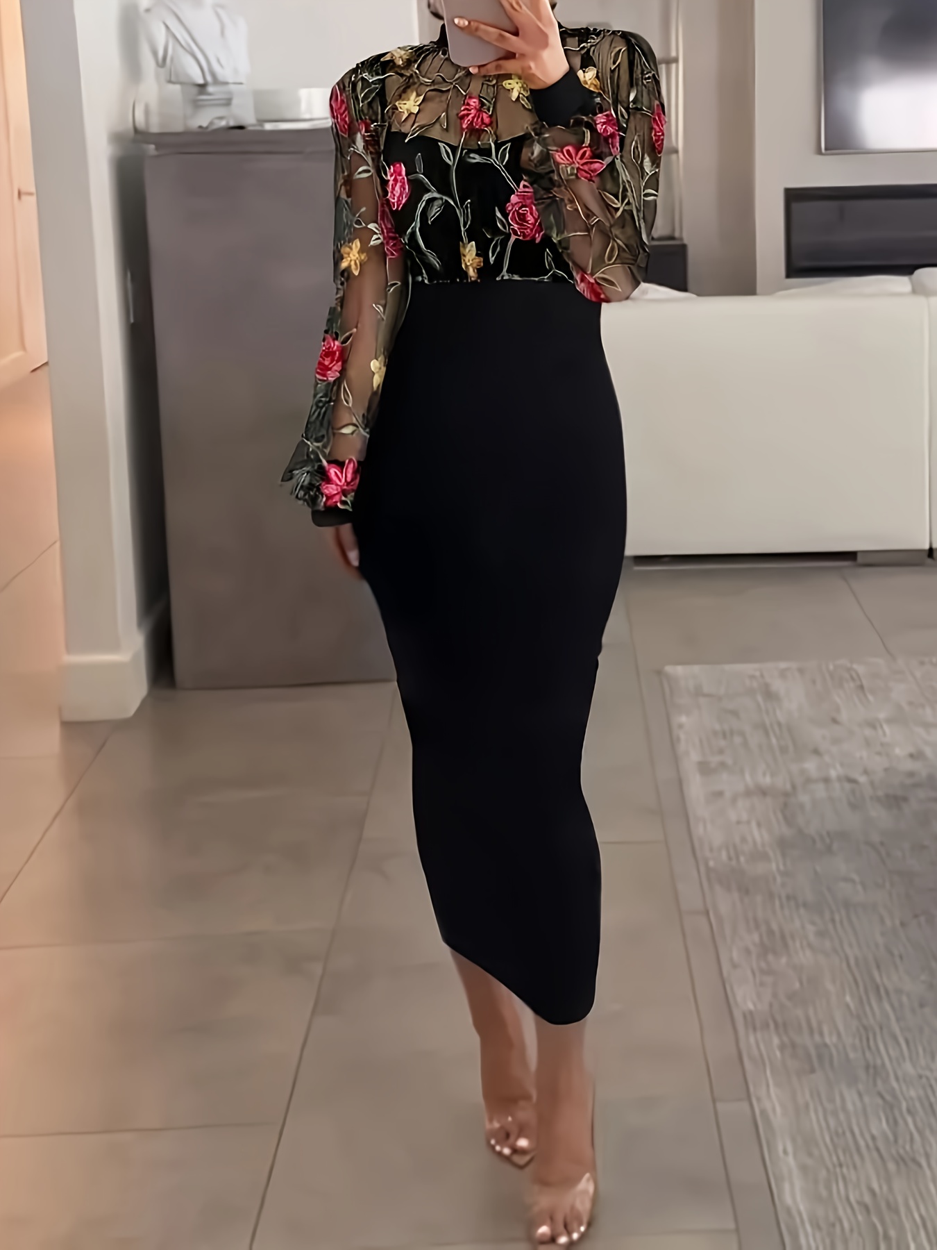 black stitched flowers long sleeve mini dress Thriller Long Sleeve Backless Mini Dress Floral Black