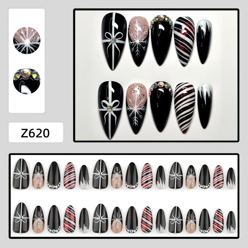 TEMU Améliorez Votre Look : 30 Stickers d'Ongles Longs en Fabriqués à pour un Thème de Noël. Cadeau de Ruban Peint Main, Bandes de de Neige avec des