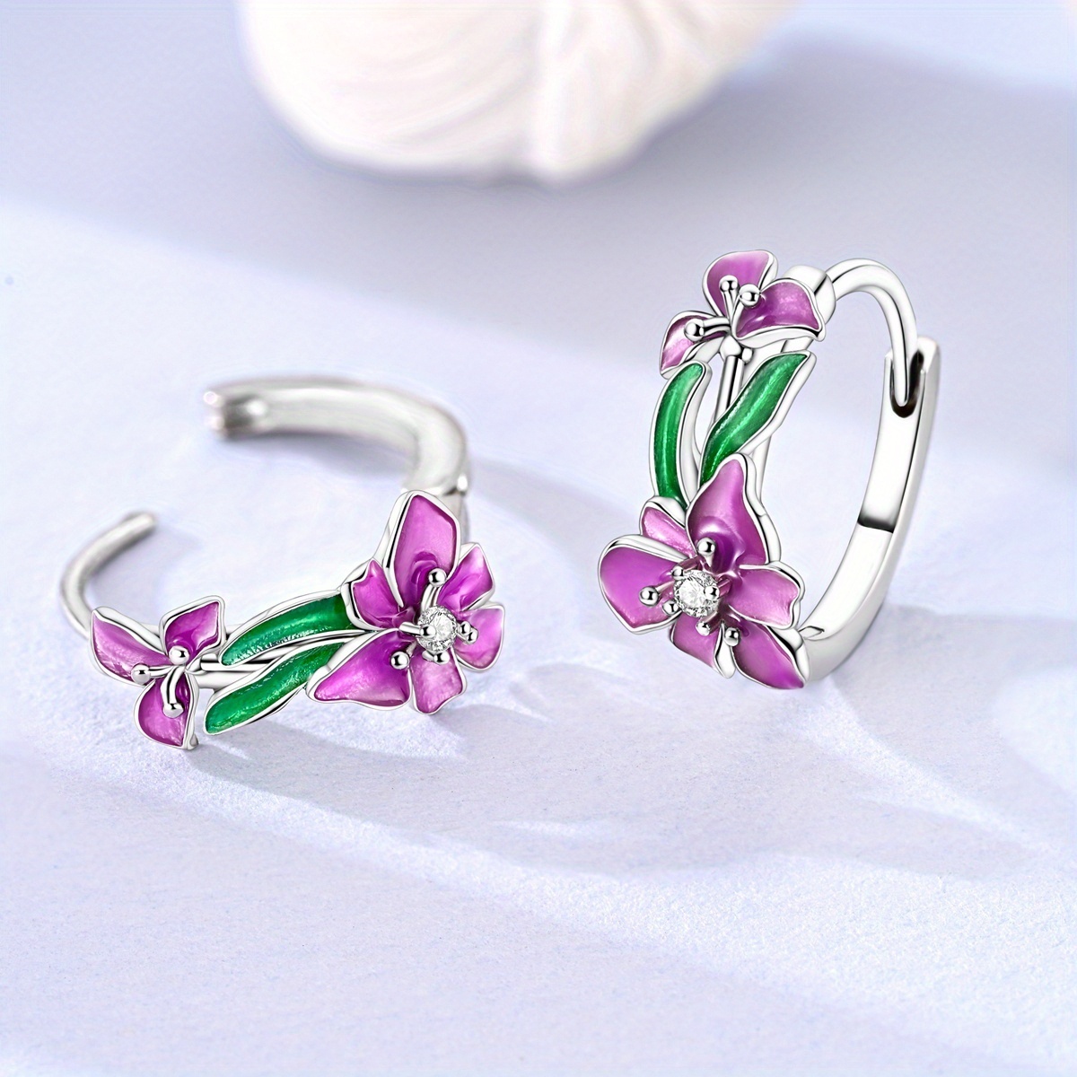 Women's Elegant Purple Iris Earrings with Copper and Silver Plating