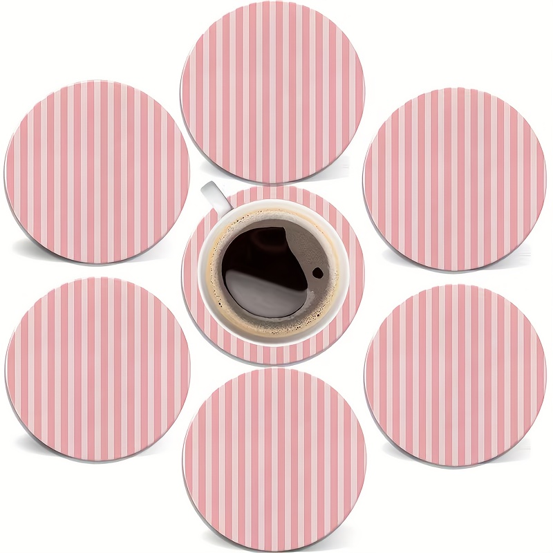 TEMU Set Of 6 Pink Striped Wooden Coasters - Decorative Coasters For Home, Suitable As Warm Housewarming Gifts For Coffee Tables, Apartments, Bar