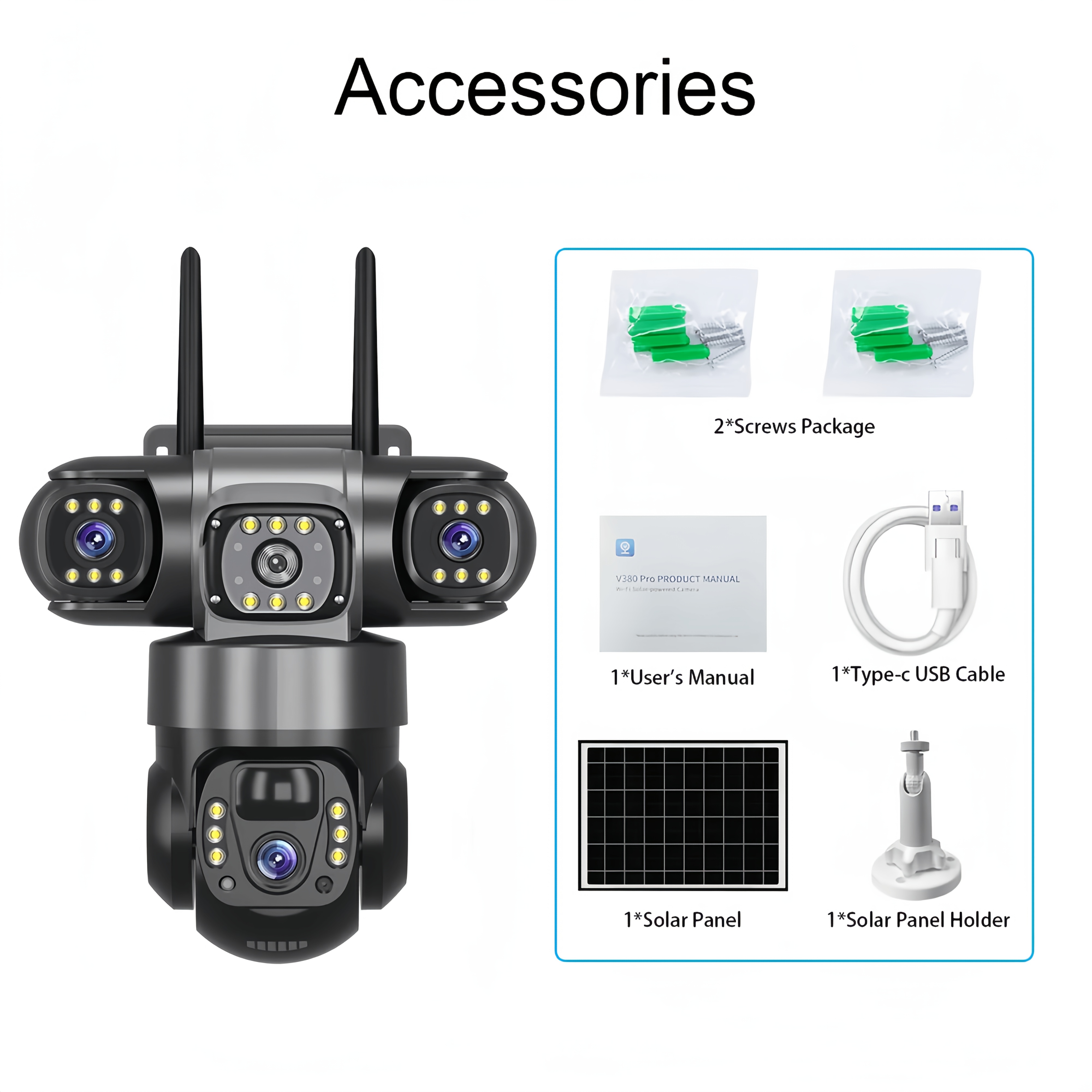 4G Solar-Powered Security Camera V380 Pro | Triple Lens & Triple Screen, PTZ Pan-Tilt-Zoom with Auto Tracking & AI Human Detection, H.265 Video Coding, Color Night Vision, 355° Horizontal & 90° Vertical Rotation, Two-Way Audio, Mobile App Control