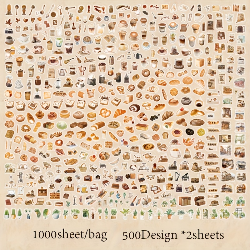 Image of 1000pcs Vintage Time Waterproof Pet Stickers - Miniature Retro Coffee, Cookie, And Pastry Designs For Diy Crafts, Greeting Cards, Cup Decorations
