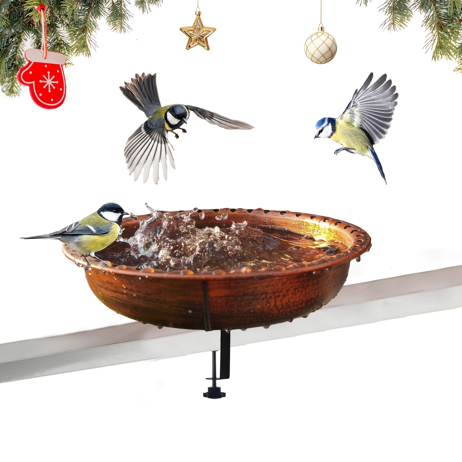 Image of Outdoor Metal Bird Bath, Outdoor Deck Bird Bath Water Bowl, Suitable For Garden, Patio, Railing Decoration, With Fixing Fixture, Retro Bird Bath And Bird Feeder