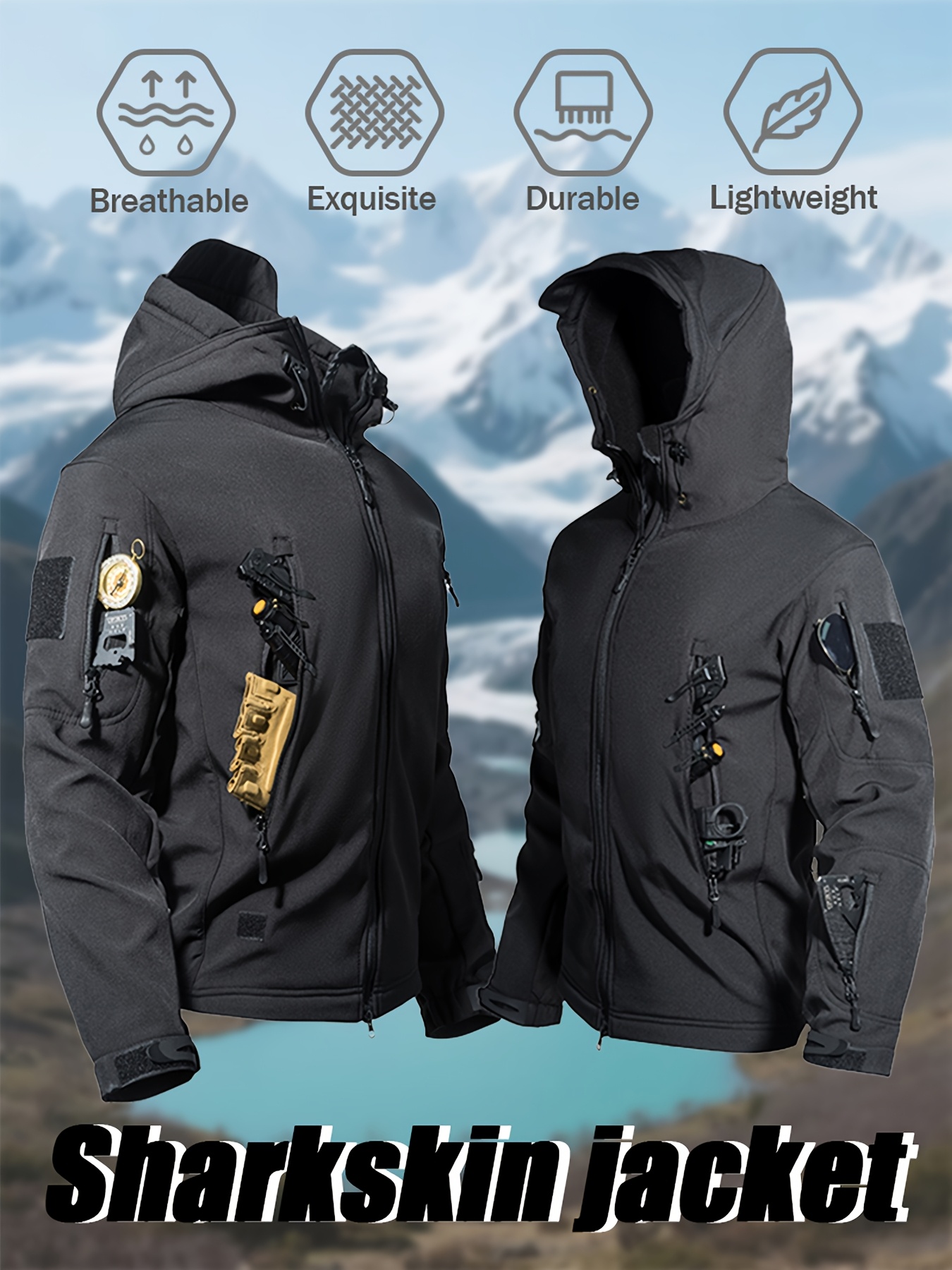 imagen del artículo chaqueta táctica de forro polar para hombre, abrigo de   con capucha y cremallera, chaqueta   multibolsillos de color  , ropa casual para uso  , ropa deportiva para exteriores, camping, pesca, entrenamiento de running, ropa de esquí