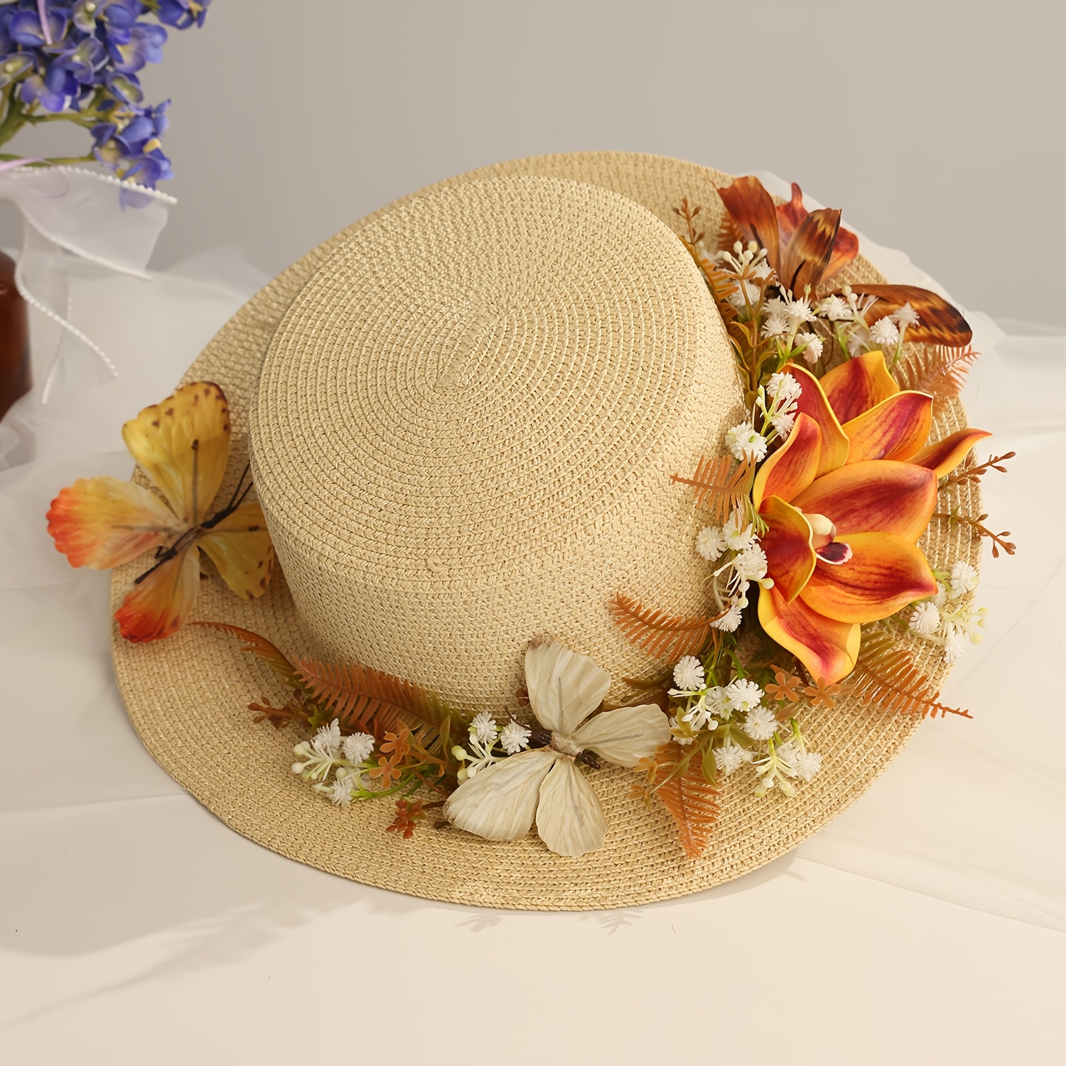 TEMU スタイル 仿製蝶と花の装飾ストローハット 日焼け防止サンハット /キャンプ/休暇用 多用途レディースサンハット