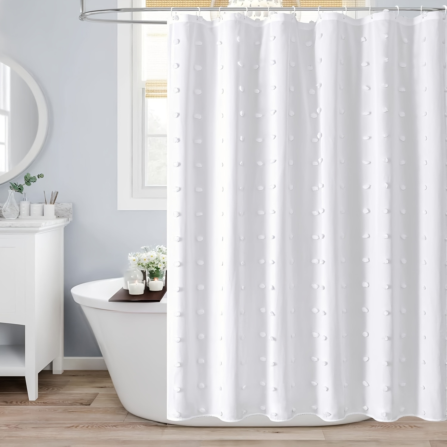 Bohemian Chic Polka Dot Shower Curtain With White Hooks, Machine Washable Polyester Bathroom Decor