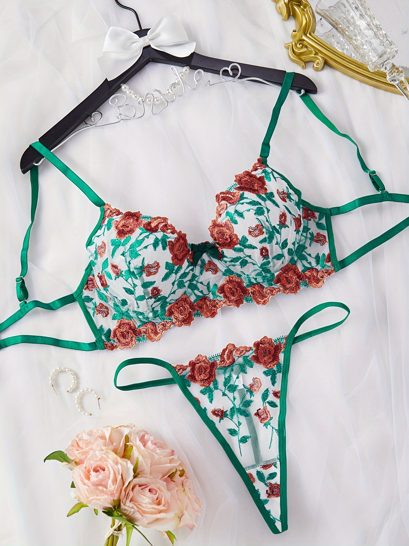 Floral Embroidery Semi Sheer Lingerie Set, Intimates Bra & Thong, Women's  Sexy Lingerie & Underwear