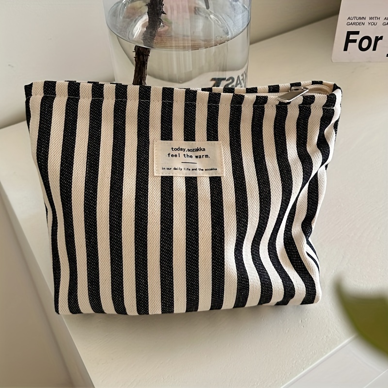 

1pc Large Capacity Striped Canvas Cosmetic Bag, Skincare Organizer Travel Toiletry Pouch, Portable Multi-purpose Storage Bag For Outdoor Use