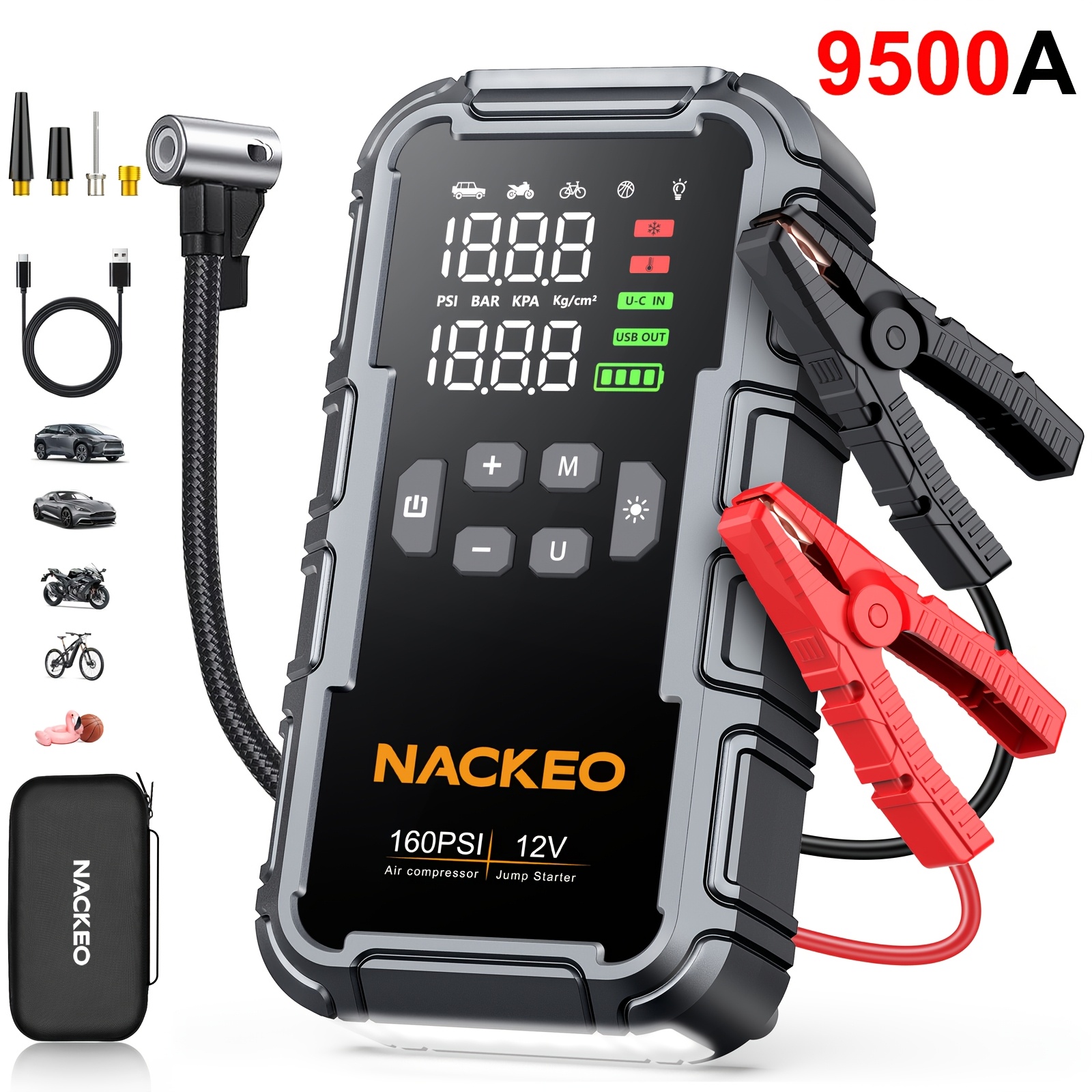 TEMU 9000a/9500a Car Jump Starter With 160psi Air Compressor For All Gas Or 10.0l , 12v Portable Car Battery Booster With Large Digital Display, Dual