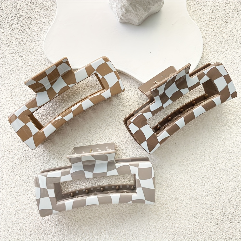 TEMU 3pcs Barrettes Élégantes Rétro Carrées à Motif pour Femmes - Accessoires de Cheveux Moelleux Imprimés Couleurs Bonbon, Grandes Pinces Arrière de